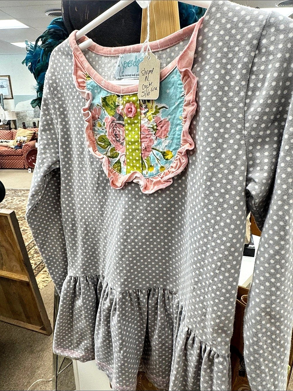 Serendipity Girls Polka Dot Dress Gray & Pink Floral Bib